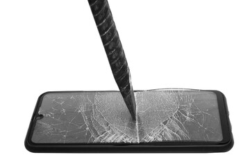 old smartphone with broken screen and a piece of rebar it. piece of rebar breaks the smartphone...