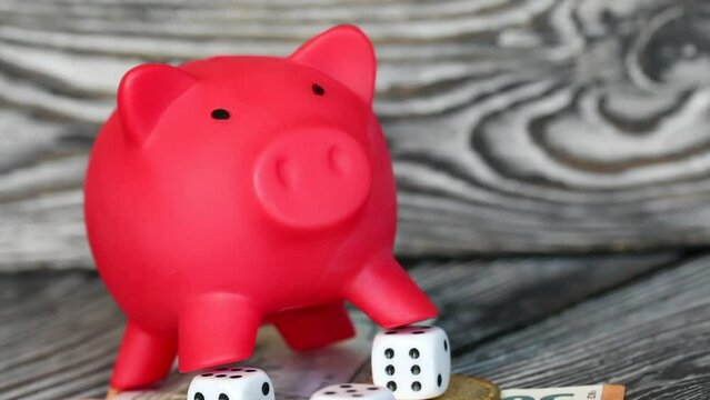 Piggy bank among dollar and euro banknotes. Cryptocurrency coins are visible. Risk while saving money. Multicurrency savings