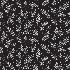 Hand drawn seamless pattern with branches silhouettes in graphic style isolated vector illustration