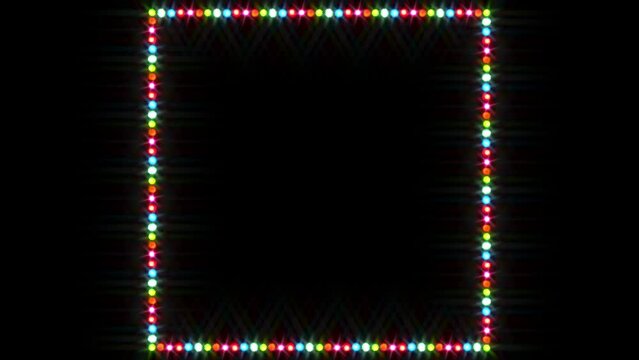 A simple looped slow colour changing twinkling square frame border of Christmas or Stage festival lights against a black background.