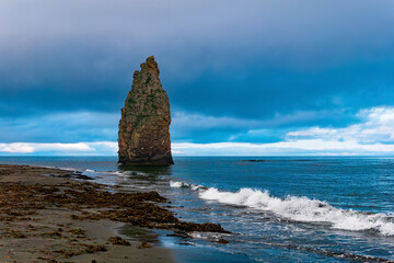 seascape of Kunashir, ocean shore with a huge vertical rock in the water and a wild beach with algae thrown out by the sea