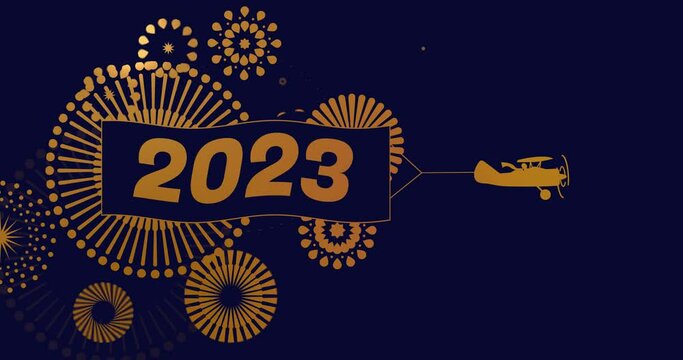Animation of flying Biplane with banner 2023 Happy New Year and firework sparkle