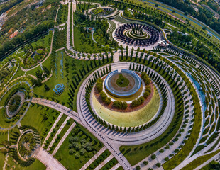 aerial view of the urban regular park of the city of Krasnodar (South of Russia) with multiple photo locations on a summer sunny day