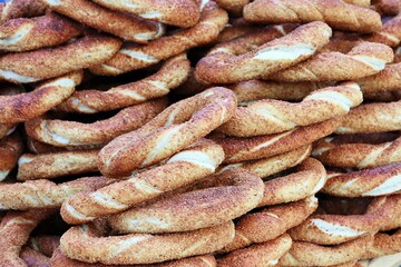 close-up of bagels, traditional turkish simit bagels