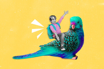 Collage photo of young boy little kid wear backpack lenses sitting big parrot fly surreal isolated...