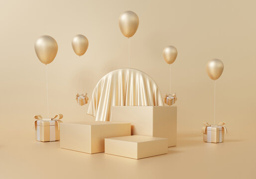 Gold podium 3D background with balloon gift geometric shapes, square pedestal empty three, circle wall shape, gradient from small to large, stand platform composition, perfume product presentation