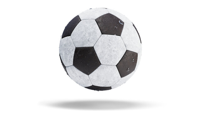 Soccer ball isolated on a white background. Realistic soccer ball with water droplets on it, 3d render. Transparent background, PNG file.