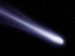 Obraz na płótnie Canvas Tail of a large comet glows against the background of stars in outer space. Bright comet in the solar system flies near the Earth. 