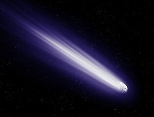 Fototapeta na wymiar Tail of a large comet glows against the background of stars in outer space. Bright comet in the solar system flies near the Earth. 