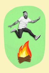 Creative drawing collage picture of screaming courageous man jumping over bonfire traditional holiday ritual isolated painting background