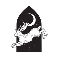 Jackalope hare with horns folklore magic animal over night sky with crescent moon hand drawn line art gothic tattoo design isolated vector illustration © croisy