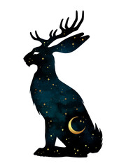 Silhouette of Jackalope hare with horns folklore magic animal with night sky with crescent moon gothic tattoo design isolated vector illustration © croisy