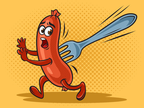 fork stuck in running cartoon sausage op art retro vector illustration. Comic book style imitation.