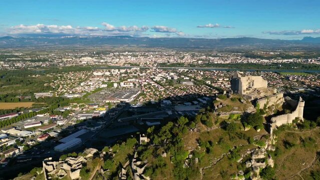 Chateau de Crussol - is a mostly-ruined 12th century limestone castle in the commune of Saint-Peray that dominates the valley of Rhone opposite Valence in the Ardeche departement, Rhone-Alpes 