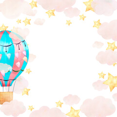 A frame with a balloon in clouds and stars, painted in watercolor and highlighted on a white background.