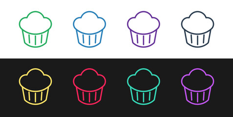 Set line Cupcake icon isolated on black and white background. Vector
