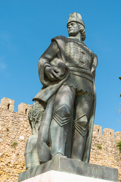 Statue of Gil Eanes next to the wall of the castle of Lagos, Algarve, Portugal.