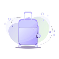 Purple fabric suitcase on wheels with tag on abstract gradient background. Large baggage case, textile luggage trolley bag. Travel, summer holidays, booking, planning a vacation and tourism concept.