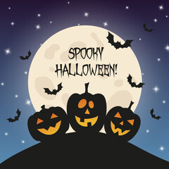 Fototapeta premium Halloween spooky pumpkins with a big moon and bats on the night sky background. Silhouettes vector illustration for holiday web and print designs