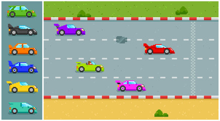 Pixel Art Race game with colorful sports cars and objects in 8-bit style. Retro video game arcade background. Pixel racing cars. Editable vector illustration

