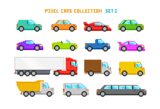 Pixel Cars set for retro game design. 8-bit game style pixel graphics city transport. Editable pixel Racing Cars. Isolated vector illustration
