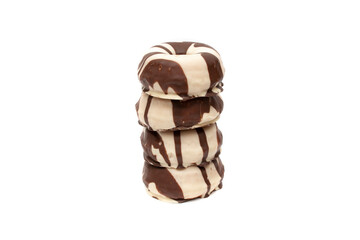 Donuts covered with chocolate and white chocolate, isolated in white background. A donut has approximately 300 calories and 25 g of fat on average.