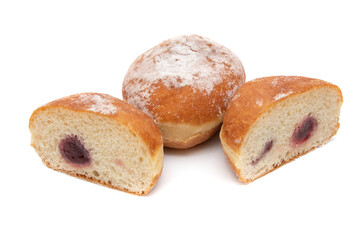 A delicious berliner (berliner donut), isolated on white background. A Berliner is a German donut with no center hole, made of sweet yeast dough fried in fat or oil, with a jam or marmalade filling .