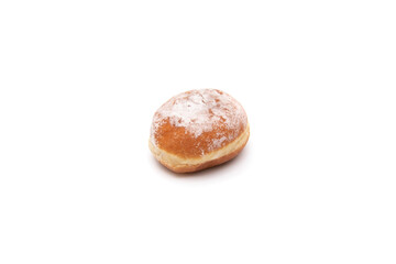 A delicious berliner (berliner donut), isolated on white background. A Berliner is a German donut with no center hole, made of sweet yeast dough fried in fat or oil, with a jam or marmalade filling .