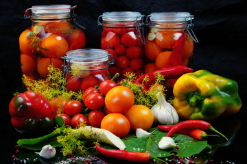 Fototapeta na wymiar Gemüse und Obst auf schwarzem Hintergrund. Hausgemachtes Essen Herbst und Gemüse.