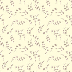Vector pattern with small  dark flowers on a pale pink background.  Liberty style millefleurs. Simple floral, elegant ornament. Repeat design for decor, textile, wallpaper, print, tile, packaging