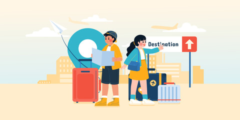 People Get Off From Airplane And Looking For Destination From Map, Vector, Illustration