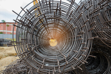 Stainless Steel wire Rolls in construction site. Closeup of Metal Steel reinforcement rod for...