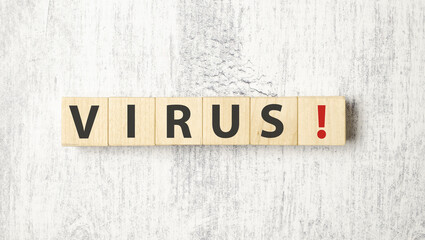 word virus on wooden block and white background