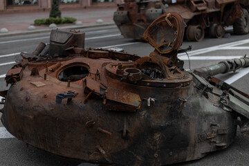 Destroyed Russian military equipment in the center of Kyiv on Khreschatyk. Parade of destroyed Russian tanks on the day of independence of Ukraine
