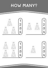 How many of Chemistry flask, game for children. Vector illustration, printable worksheet