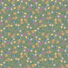 Trendy seamless floral pattern in vector with  bright alpine, wild flowers on grey-green background in a minimalist style.  Simple ditsy texture. Modern repeat design for wallpaper, fabric, textile