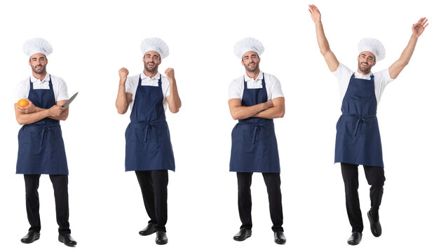Portraits of chef cook gesture on white