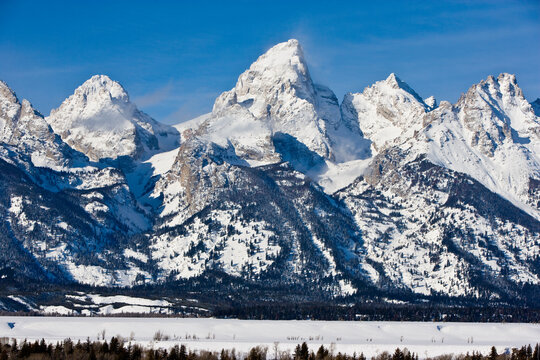 Snow covered Grand Teton Mountains in Grand Teton National Park near Jackson, Wyoming.
