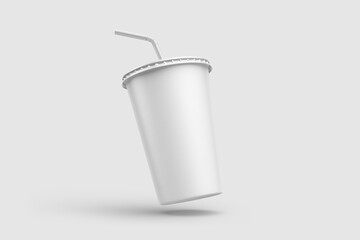 Paper soda cup with straw mockup template, isolated on light grey background. High resolution.