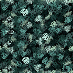 Fashionable seamless tropical pattern with green tropical palm leaves on a black background. Beautiful exotic plants. Trendy summer Hawaii print. Line stylish floral.