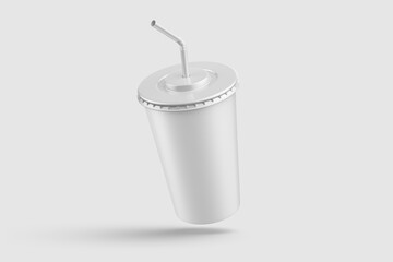 Paper soda cup with straw mockup template, isolated on light grey background. High resolution.