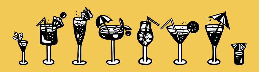 Set of vector illustrations of glasses of cocktails with bubbles, pineapple, umbrella, lemon slice, cherry, strawberries, ice and berries. Icon for bar and club, logo, website, party, bar design, cafe