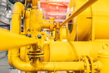 Pipeline for natural gas with red valves. Concept industry power plant background