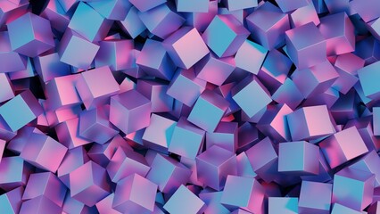 Metal cubes in a pile with pink and blue lighting. Abstract 3d background.