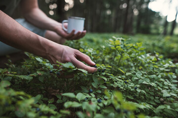 Close-up of male hands picking blueberries in the forest. Picking blueberries to the tin cup. Harvesting forest fruit. 
