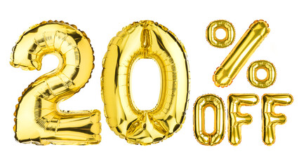 20 Twenty Percent % Off balloons. Sale, Clearance, discount. Yellow Gold foil helium balloon. Word...