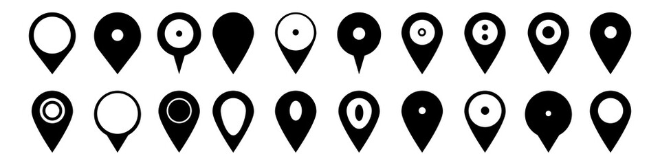 Map pointers icons set. Map marker in different shapes. Vector isolated on white background.