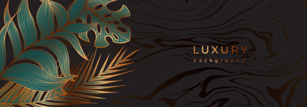 Autumn luxury tropical banner with golden leaves. Bronze monstera, fern, palm leaf in marble black background
