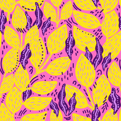 Seamless plants hand-drawn pattern, abstract nature background. Can be used for wallpaper, web page background, surface textures.  - 525162956