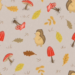 Vector colorful natural seamless patterns with fall leaves, mushrooms, hedgehog, and plants. Beautiful autumn collection. - 525162974